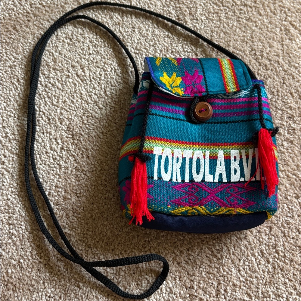 Colorful Woven Crossbody Bag with Red Tassels